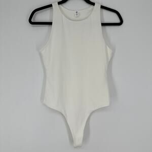 BP. White Ribbed High Neck Thong Bodysuit Womens Small